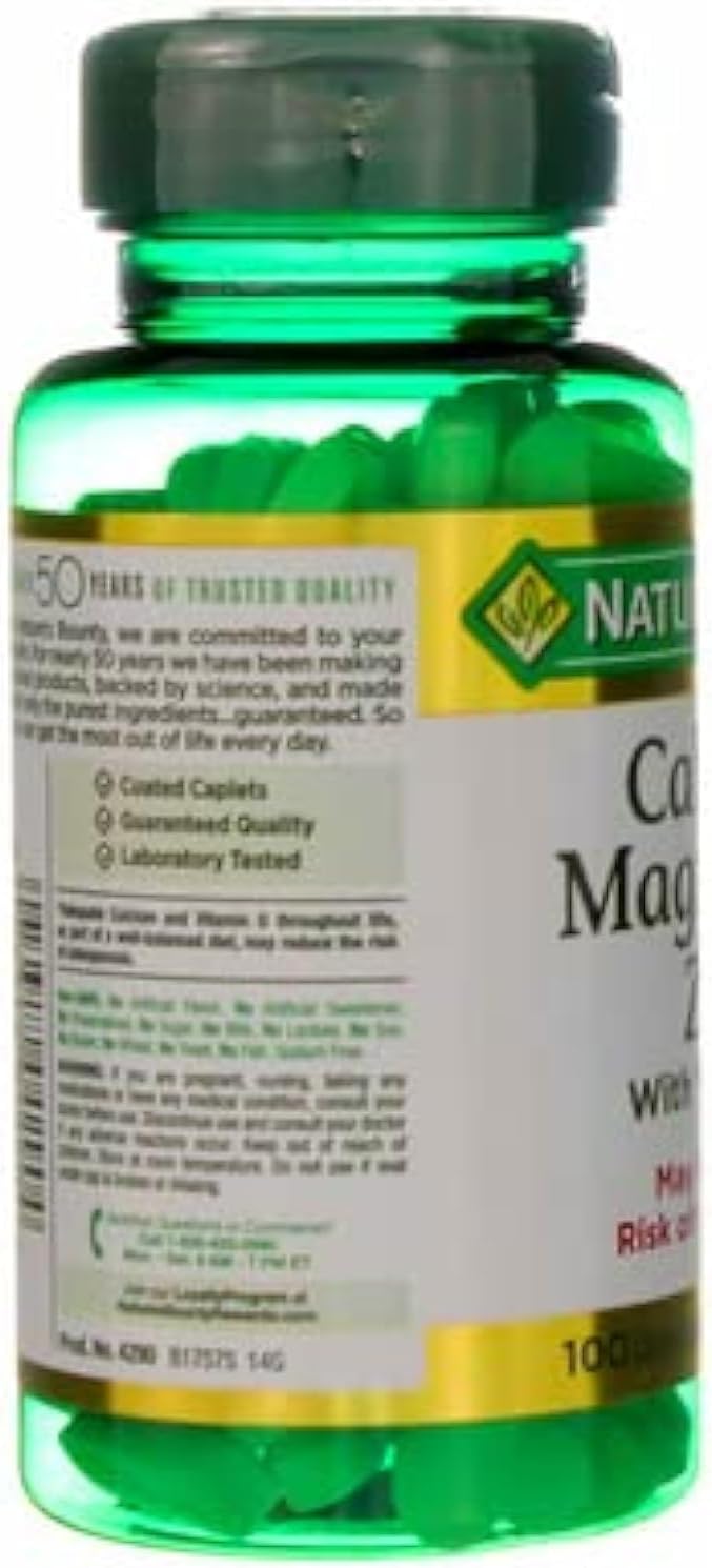Nature's Bounty Calcium Magnesium & Zinc Caplets,Immune & Bone Health,Daily Supplement,1000mg Calcium,400mg Magnesium,600 IU Vitamin D,Gluten Free,100 Caplets,(Pack of 3)