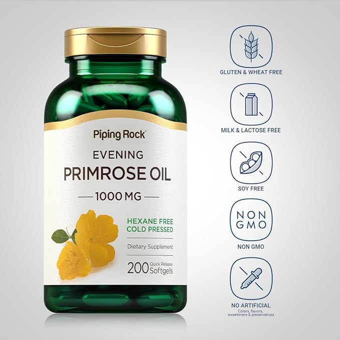 Piping Rock Evening Primrose Oil Softgels 1000mg | 200 Pills | Cold Pressed Dietary Supplement | Non-GMO, Gluten Free