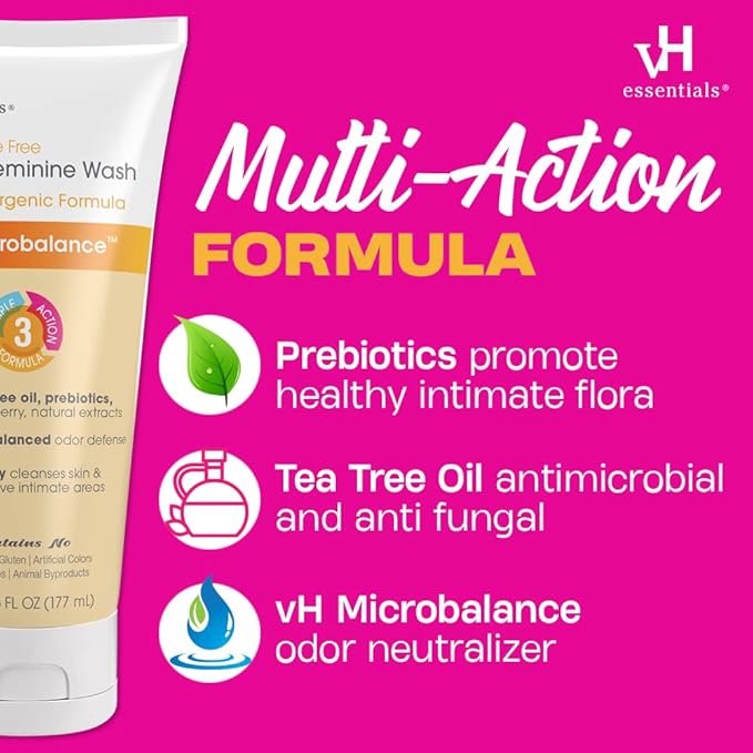 vH essentials Daily Feminine Wash - Fragrance Free, Hypoallergenic with Tea Tree Oil & Prebiotic - For Ph Balance, Intimate Odor Block, Vaginal Health - Gentle Formula Body Care - 6 Fl Oz (Pack of 2)