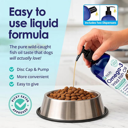 Liquid Fish Oil for Dogs with Omega 3, 6 & 9 Fatty Acids, Wild Caught from Iceland, Skin and Coat Supplement for Shedding, Itchy Skin, Allergies, Brain and Heart Health, Rich in EPA + DHA - 16 oz