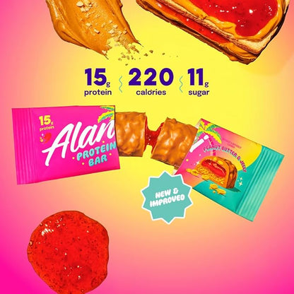 Alani Nu Protein Bars PEANUT BUTTER & JELLY | High Protein Gluten-Free Bars | 16g Protein | Low-Sugar (11G) Low-Carb Healthy Snacks | 12 Individually Wrapped Bars