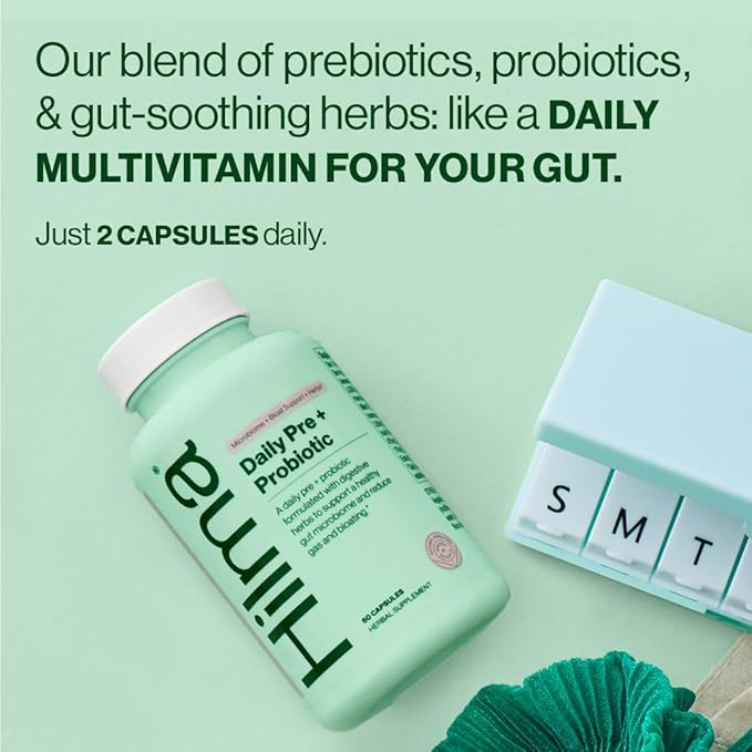 Hilma Pre and Probiotic with Herbs - Support Gut Health with Prebiotics and Probiotics, Plus Gas and Bloating Relief for Women & Men, 60 Vegan Capsules