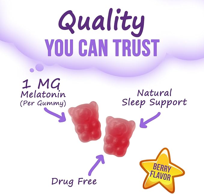 Kids Sleep Gummies with 2mg Melatonin Per Serving - Children's Sleep Gummy, Non-Habit Forming, Works with Natural Sleep Cycle, Supports Calm & Drug-Free, Natural Berry Flavor, 60 Gummies