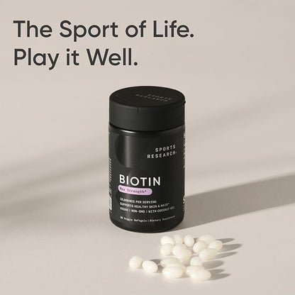 Sports Research® Biotin 10,000mcg with Organic Coconut Oil - Biotin (Vitamin B7) for Healthy Skin and Hair Support* - for Women and Men - Vegan, Non-GMO, Gluten & Soy-Free - 30 Veggie Softgels