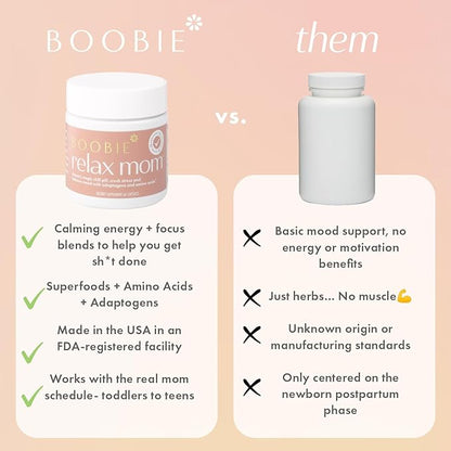 Boobie Relax Mom, Postpartum Stress Support Supplement | Breastfeeding Friendly Approved | Postnatal Mood and Energy Support for Women with Ashwagandha & L-Theanine, 60 Capsules
