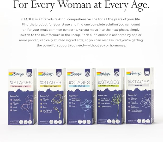 SOLARAY Postmenopause her Life Stages - Post Menopause Supplements for Women with Resveratrol - Vegan and Made Without Hormones - 60-Day Guarantee - Vegan, Lab Verified - 30 Servings, 60 VegCaps