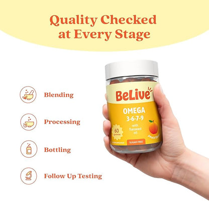 BeLive Organic Omega 3 Gummies - 300 Ct I Vegan Omegas 3 6 7 & 9 from Flaxseed Oil & Sea Buckthorn Fruit Oil, for Kids & Adults, Full Body, Brain & Eye Support, Sugar Free – Peach Flavor