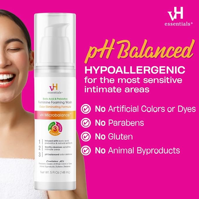 vH essentials Feminine Foaming Wash with Boric Acid and Prebiotics, Odor Eliminating pH-Balanced Daily Cleanser with Lavender and Chamomile, 5 fl oz (Pack of 2)
