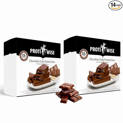 ProtiWise Chocolate Crisp Protein Bars | 15g Protein, High Fiber, Low Carb | Low Sugar, Gluten Free | Keto Diet Meal Replacement Weight Loss Snack Bar | Pack of 2 (7 Bars/Box)