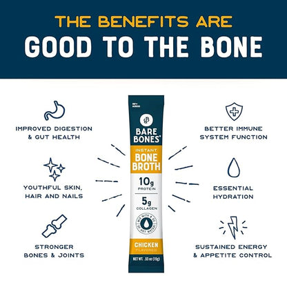Bare Bones Classic Chicken Bone Broth Instant Powdered Mix Packets | 5g Collagen | 10g Protein | Keto & Paleo Friendly | No Artificial Flavors | Non-GMO, Gluten-Free, Dairy-Free on-the-go 16 Pack