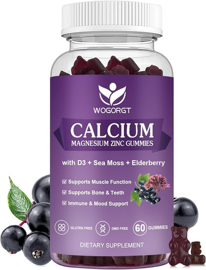 WOGORGT Calcium Magnesium Zinc Gummies with Vitamin D3 - High Absorption Complex Calcium Supplement with Sea Moss, Elderberry for Bone, Muscles, Immune, Mood & Sleep Support, Vegan - 60 Gummies