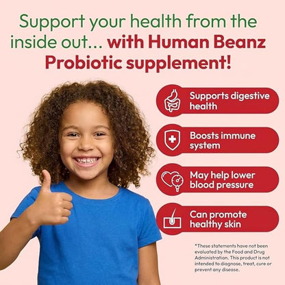 Human Beanz Probiotic Jelly Bean Gummies for Kids, Probiotic Supplements for Digestive Health, Nutritional Vegetarian Supplements, 120 Strawberry Blast Jelly Beans, Kosher