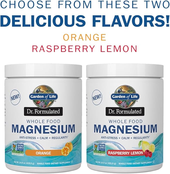 Garden of Life Dr. Formulated Whole Food Magnesium Powder with Probiotics – Stress & Sleep Support, Non-GMO, Gluten-Free, Vegan, Raspberry Lemon Flavor, 85 Servings