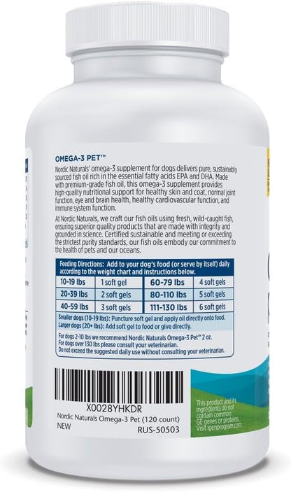 Nordic Naturals Omega-3 Pet, Unflavored - 120 Soft Gels - 330 mg Omega-3 Per Soft Gel - Fish Oil for Dogs with EPA & DHA - Promotes Heart, Skin, Coat, & Immune Health (Pack of 2)