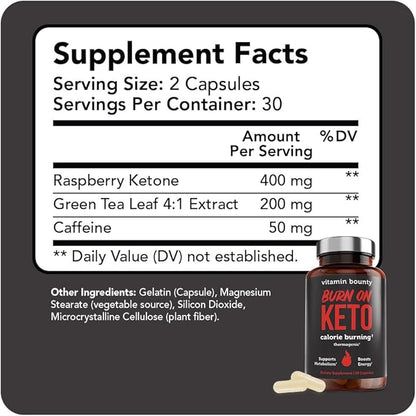 Vitamin Bounty Burn On Thermogenic Keto Fat Burner for Men & Women - Weight Loss Supplement with Raspberry Ketones - Metabolism Booster, Energy Pills, Appetite Suppressant - 60 Capsules