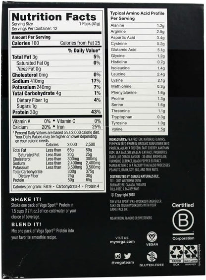 Vega Protein + Recovery - 30g Plant-Based Protein per Serving, Vanilla, 12 x 1.6oz Sachets, 5g BCAAs, Probiotics, NSF Certified, for Shakes & Smoothies, (Packaging May Vary)