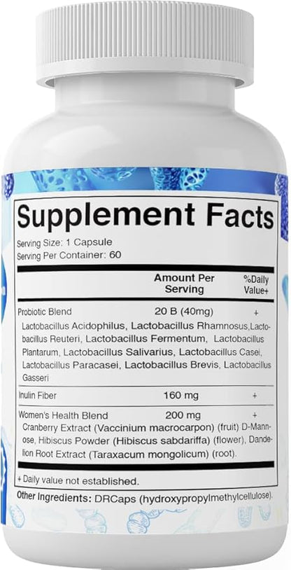 Vitamatic Vaginal Probiotics for Women – 20 Billion CFU, pH Balance & Odor Control, 60 DR Capsules with Prebiotics, Cranberry, D-Mannose, Hibiscus & Dandelion – Feminine Health & Daily Support*