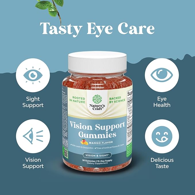 Vision Support Gummies for Adults - Lutein and Zeaxanthin Supplements for Eye Health - Potent Lutein Eye Vitamins for Blue Light Protection Dryness Strain Support & Visual Sharpness - 30 Count