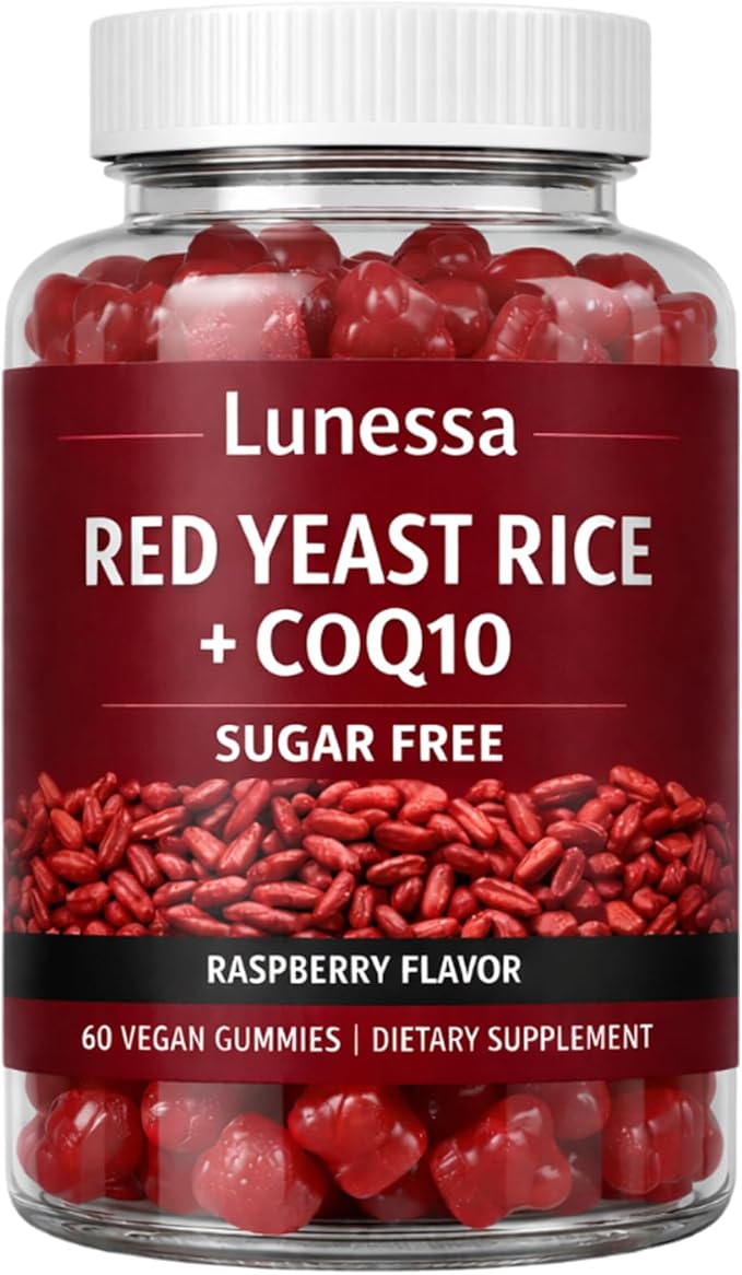 Lunessa Red Yeast Rice, with Red Yeast Rice 2400mg, CoQ10 200mg, Restores Body Vitality & Maintains Healthy Cholesterol Levels for Men & Women, Non-GMO, Vegan, Raspberry Flavor, 60 Gummies (1)
