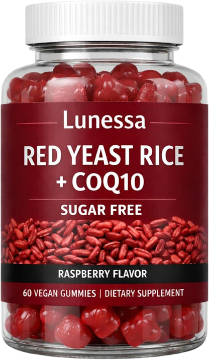 Lunessa Red Yeast Rice, with Red Yeast Rice 2400mg, CoQ10 200mg, Restores Body Vitality & Maintains Healthy Cholesterol Levels for Men & Women, Non-GMO, Vegan, Raspberry Flavor, 60 Gummies (1)
