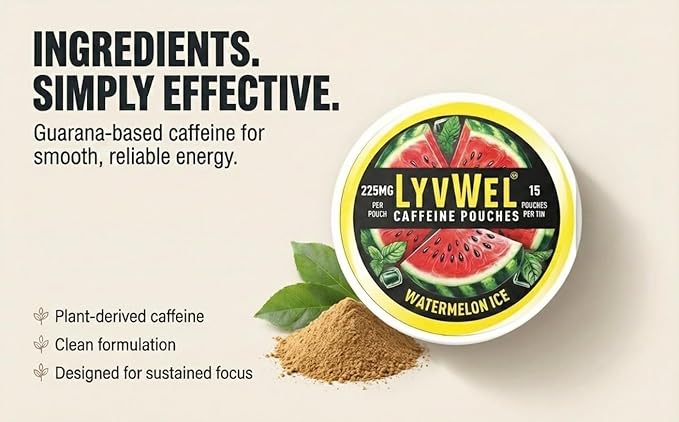 LyvWel Ultra Caffeine Pouch – Wild Grapes – 225mg Natural Caffeine with Guarana – Bold Grape Energy for Focus & Vibe – 1-Pack (15 Pouches)
