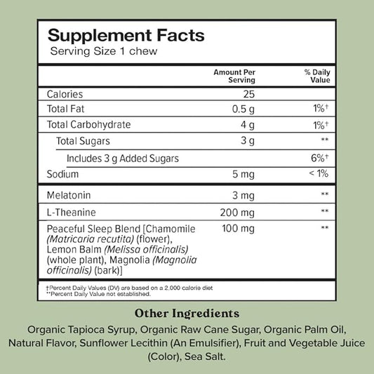 Chewsy Peaceful Sleep Chews, Sleep Support, 3 mg Melatonin, 200 MGS L-Theanine, Chamomile, Lemon Balm, Magnolia, Nighttime Sleep Aid, Naturally Minty Chews, Promotes restful Sleep, 30-Day Supply (1)