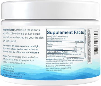 Nordic Naturals Nordic Beauty Marine Collagen Powder, Strawberry - 5.29 Ounces - Collagen Powder Supplement for Healthy Skin, Joints, and Bones, Vitamin C for Antioxidant Support - 30 Servings