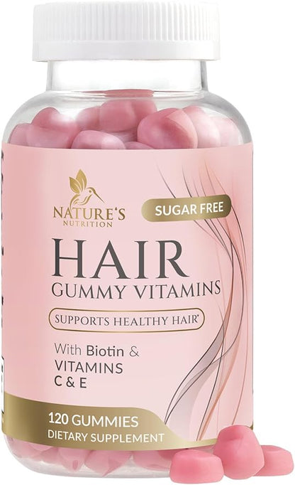 Hair Vitamins Gummies - Sugar Free Hair Growth Support Gummy with Biotin 5000 mcg Per Serving, Vitamin A, B12, C, D, E, Folic Acid - Supports Strong Beautiful Hair and Nails, Vegetarian - 120 Gummies