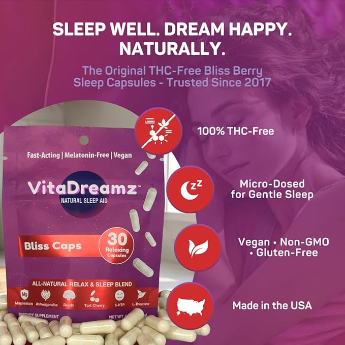Melatonin-Free Sleep Capsules| Magnesium, Ashwagandha, Tart Cherry & L-Theanine | Natural Calm & Restful Sleep Support | Vegan, Sugar Free Bliss Berry | 30 Count