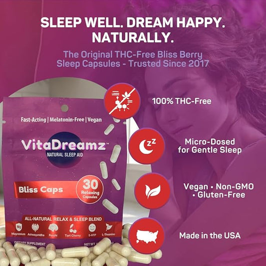 Melatonin-Free Sleep Capsules| Magnesium, Ashwagandha, Tart Cherry & L-Theanine | Natural Calm & Restful Sleep Support | Vegan, Sugar Free Bliss Berry | 30 Count