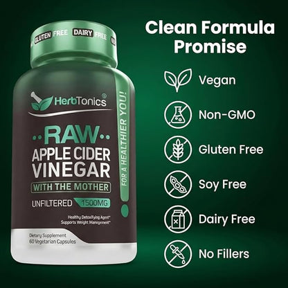 Herbtonics Raw Apple Cider Vinegar Capsules 1500mg with Mother | Weight Management, Detox & Digestion Formula with GLP-1 Support | Unfiltered ACV for Metabolic Support | 240 Vegan Capsules