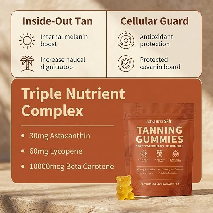 tebazoew Savanna Skin Tanning Gummies, with Astaxanthin, Beta-Carotene, Lycopene & Vitamins, Radiant Healthy Skin Natural Looking Glow, Bronzing, Non-GMO & Vegan
