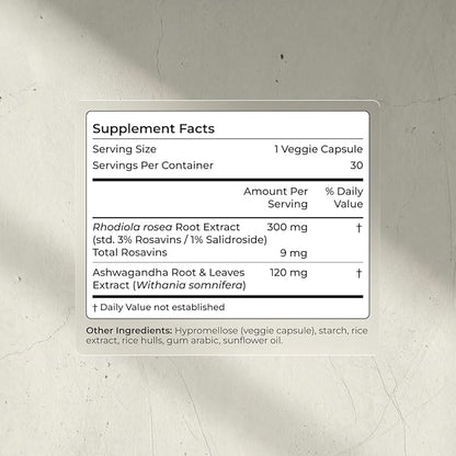 Blueprint Bryan Johnson Ashwagandha & Rhodiola Supplement – 120mg Ashwagandha + Rhodiola Root – Daily Adaptogen Capsules for Stress Support, Mood Balance, Energy & Focus – 30 Vegan Capsules