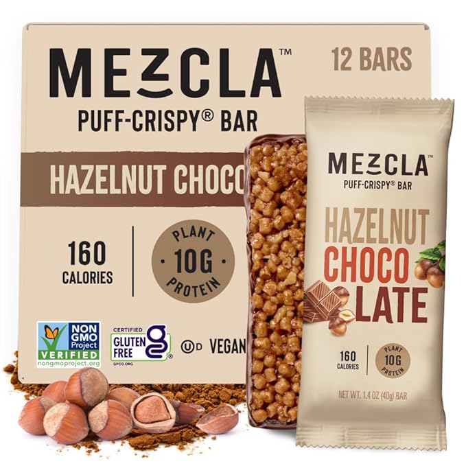 Mezcla Puff-Crispy Plant Based Protein Bars - Hazelnut Chocolate - Healthy Snacks for Adults & Hazelnut Spread Fans - School & Office Snacks - Gluten Free, Vegan, Non GMO, 10g Protein - 12 Count