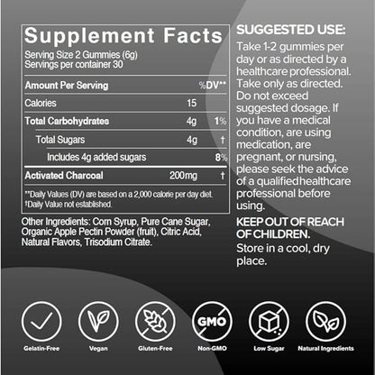 Gumi Nutrition Coconut Activated Charcoal Gummies - Charcoal Supplements for Detox, Oral Health & Gut Health - 200mg Gummy Vitamin - Gluten Free, Vegan & Non GMO - Natural Açaí Flavor (60 Count)