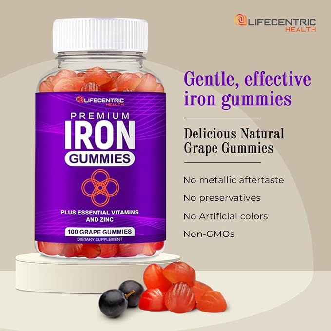 LifeCentricHealth Iron Gummies | Biotin Zinc Vitamin B Folic Acid Gummies | Vegan Gluten Free for Women & Men