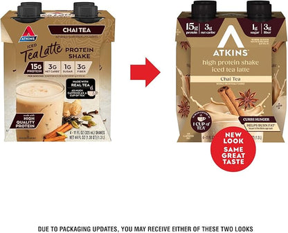 Atkins Chai Tea Latte Flavored Protein Shake, High Protein Shake, Low Glycemic, Low Carb, Low Sugar, Keto Friendly, Gluten Free, Ready to Drink Protein Shake, 12 count (3 sets of 4)