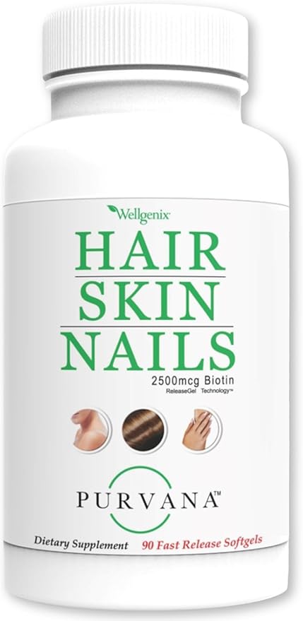 Wellgenix Purvana Hair Skin and Nails Supplement – 2500mcg Biotin Softgels with MSM & B-Complex – Daily Beauty Support for Stronger Nails & Hair Vitality – 90 Softgels