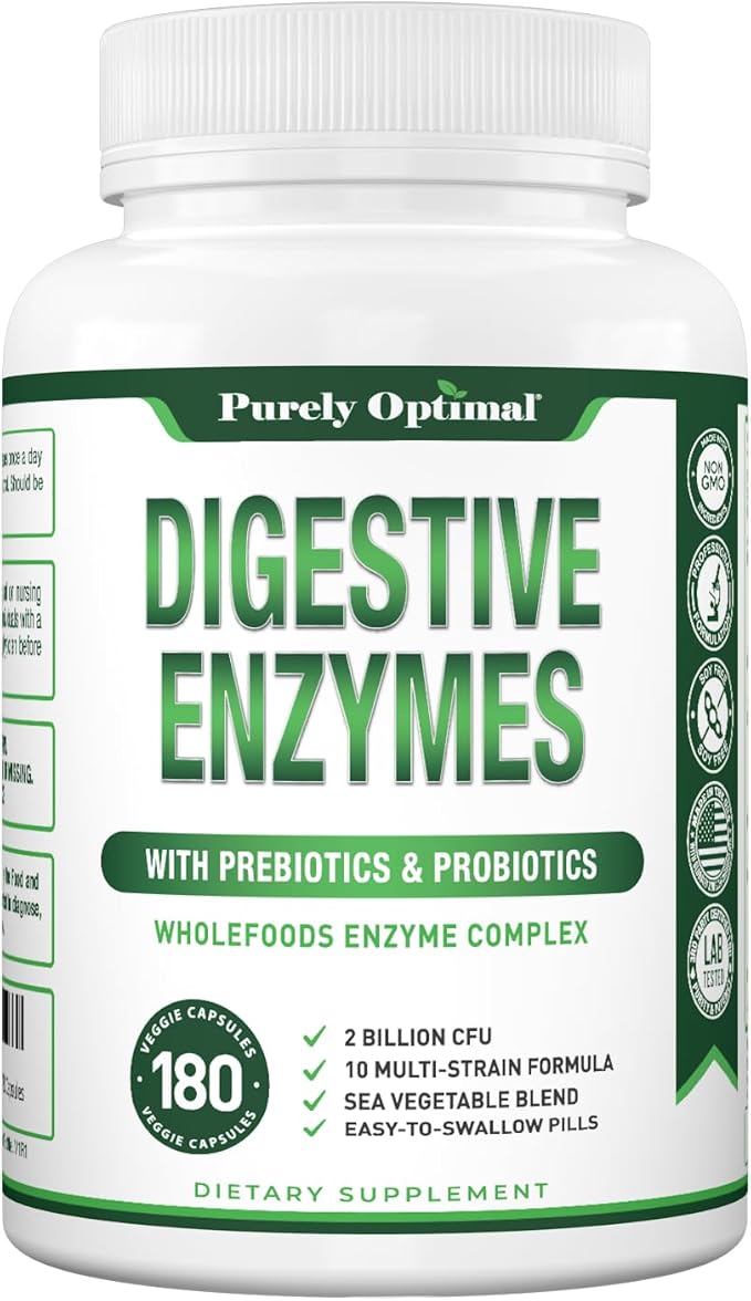 Purely Optimal Digestive Enzymes for Women and Men – Multi-Enzyme Supplement for Bloating Relief, Digestion and Heavy Meal Support – with Probiotics and Prebiotics for Gut Health – 180 Capsules