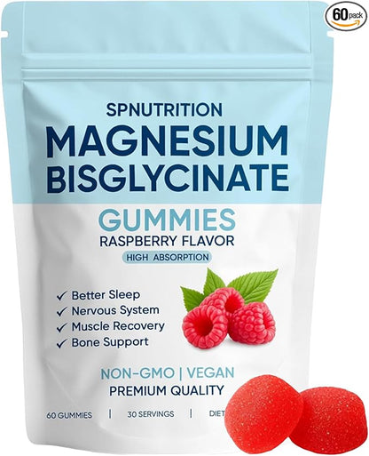 Magnesium Bisglycinate Gummies, 400mg Magnesium Bisglycinate Chelate with Sea Salt & Raspberry Powder, Supports Sleep, Nerve & Muscle Relaxation, Bone Health Support, Vegan, 60 Gummies (1)