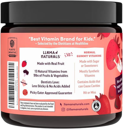 Llama Naturals Kids Multivitamin Gummies | Real Fruit, No Added Sugar Cane | Organic Vegan Toddler Whole Food Vitamins | Vitamin D, C & Beta Carotene Gummy Supplement | Strawberry 180 Ct (2-3 Months)