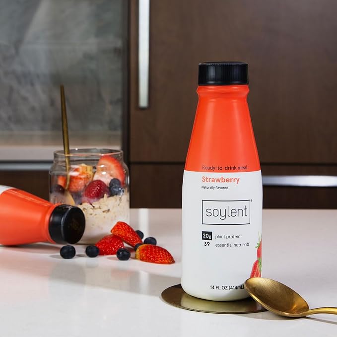 Soylent Strawberry Meal Replacement Shake, Ready-to-Drink Plant Based Protein Drink, Contains 20g Complete Vegan Protein and 1g Sugar, 14oz, 12 Pack