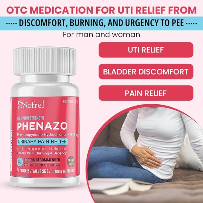 Safrel Urinary Pain Relief | UTI Relief | Fast Acting | Bladder Discomfort & Pain Relief | Phenazopyridine Hydrochloride 99.5mg (72 Count)
