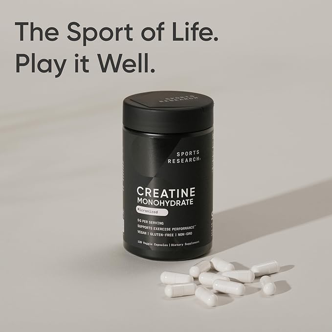 Sports Research® Creatine Monohydrate Capsules - Supports Workout Recovery, Lean Muscle gain, Performance and Strength* - Non-GMO, Vegan Certified - 5g per Servings - 30 Servings