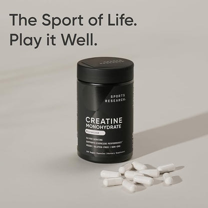 Sports Research® Creatine Monohydrate Capsules - Supports Workout Recovery, Lean Muscle gain, Performance and Strength* - Non-GMO, Vegan Certified - 5g per Servings - 30 Servings