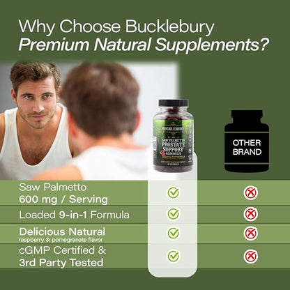 BUCKLEBURY 9-in-1 Natural Saw Palmetto Gummies with Raspberry & Pomegranate Flavor - Plant-Based Prostate Support Supplements for Mens Bladder Health, Hair Growth & Urinary Support - 60 Gummies