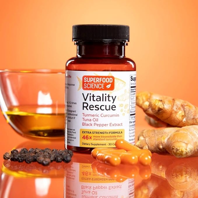 Vitality Rescue Omega 3 with Turmeric Curcumin Supplement, Fish Oil DHA EPA with BioPerine & CurcuWin 46X Absorption, Supports Joint, Muscle, Heart & Brain Health, 30 Capsules