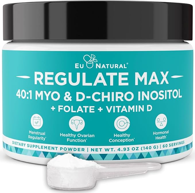 Eu Natural Regulate MAX Myo-Inositol & D-Chiro Inositol Supplement Powder for Women with Vitamin D & Folate Nutritional Support, Hormone Balance & Fertility Support, Unflavored 60 Servings
