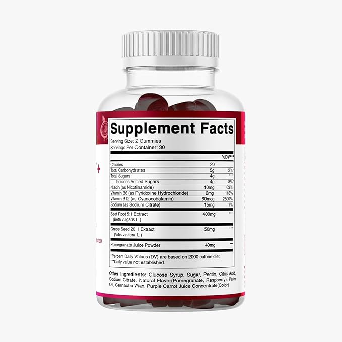 Vitamatic Beet Root Gummies with B6, B12, Grape Seed, Pomegranate & Nicotinamide – Plant-Based Extract – Vegan, Non-GMO – Botanical Supplement Gummies – 60 Count - 2 Pack (120 Count)
