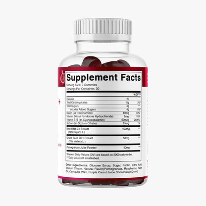 Vitamatic Beet Root Gummies with B6, B12, Grape Seed, Pomegranate & Nicotinamide – Plant-Based Extract – Vegan, Non-GMO – Botanical Supplement Gummies – 60 Count - 2 Pack (120 Count)